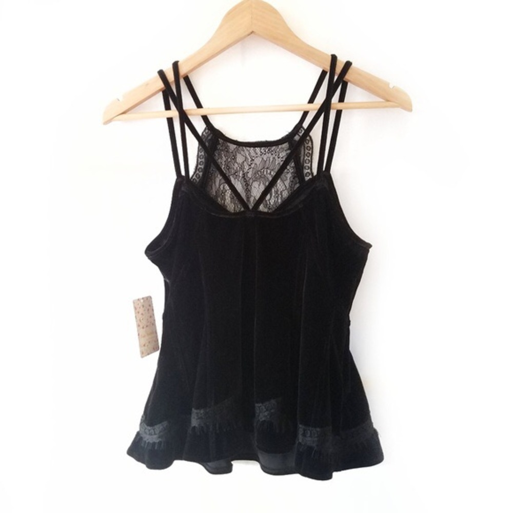 FREE PEOPLE BLACK LACE/CRUSHED VELVET TOP- XS
